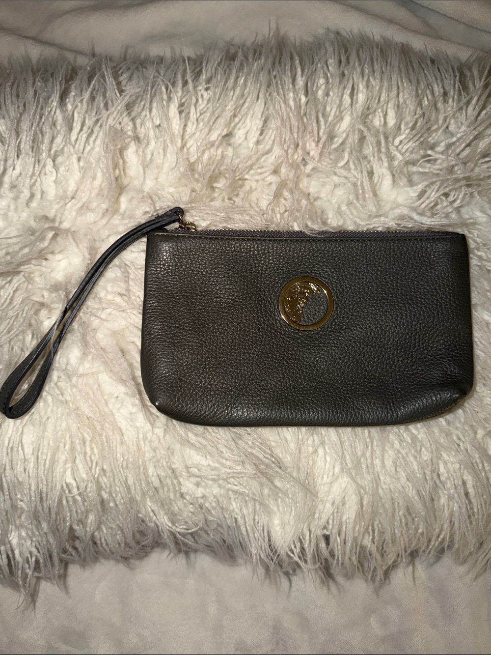 Versace Collection Dark Gray Leather Wristlet Clutch with Gold Medallion